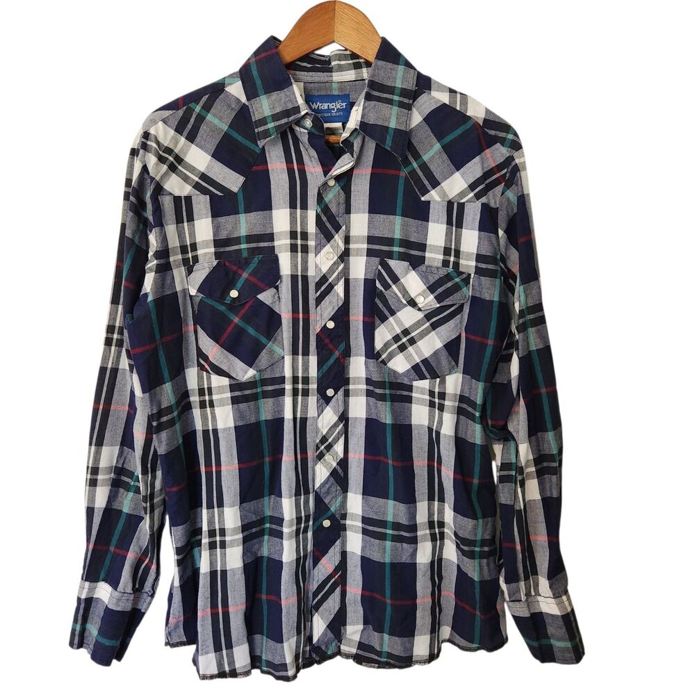 Wrangler Western Shirt Blue Plaid Pearl Snap Long Sleeve Size Large Cowboy Rodeo